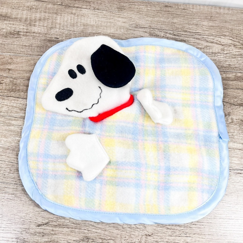 Vintage Knickerbocker Snoopy Plaid Satin Baby Security Blanket Peanuts RARE
